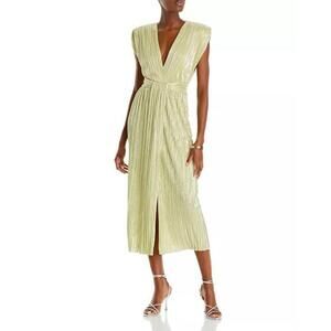Sabina Musayev Margo Pleated V-neck Midi Dress Lime/Light Green S